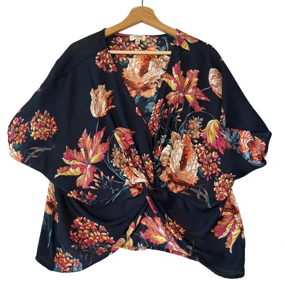 UMGEE Women Medium Navy Floral Twist Front Kimono Sleeve Top Oversized Bloomcore - Picture 1 of 8